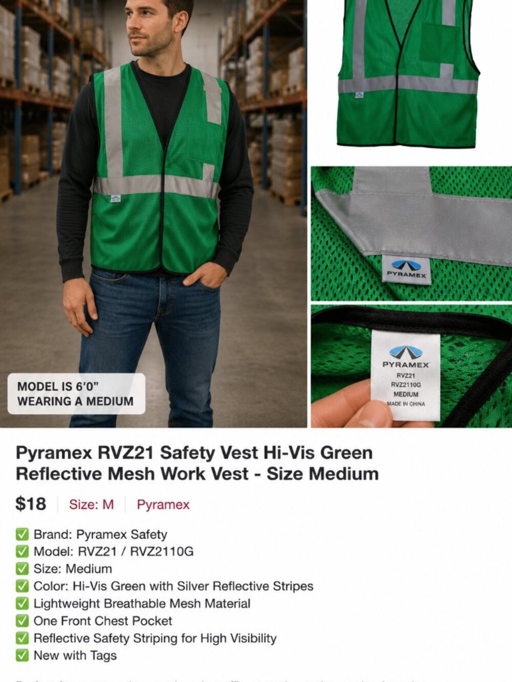 Pyramex RV1235S-M Hi-Vis Safety Vest MEDIUM Reflective Zip Front RVZ2110S NWT